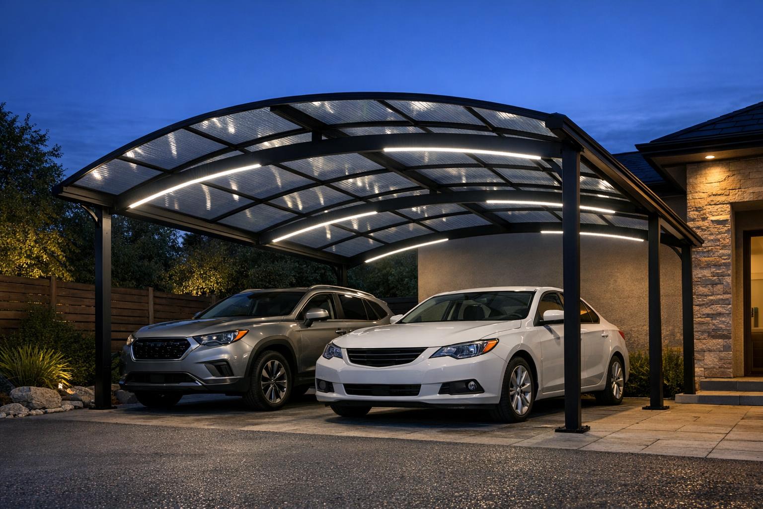 opis zdjęcia: Carport z poliwęglanowym dachem i oświetleniem LED